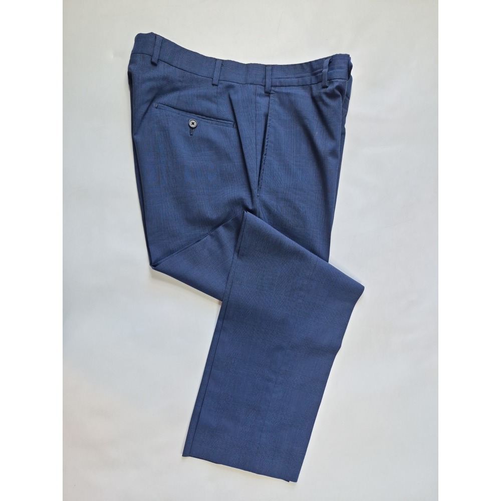 JB Britches Mens 35x30 Flat Front Dress Pants Blue Plaid Italy Lanerossi Wool